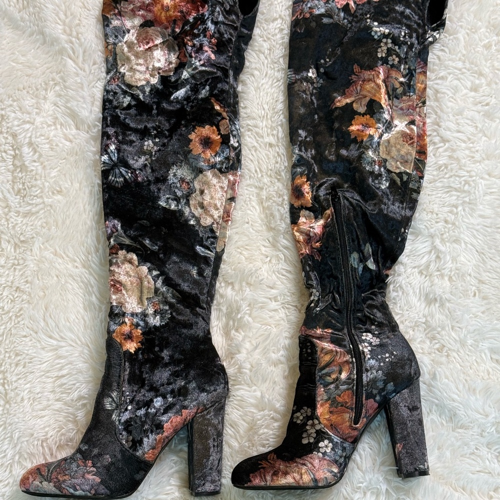 Velvet Floral Embroidered Knee-High Boots